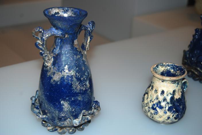Image of a blue glass vase and cup, 1st century A.D., National Museum of Afghani